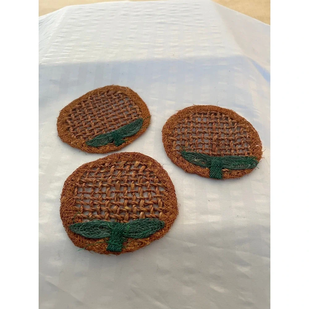 Vtg 70s Woven Straw Coasters Set 3 Green Dragonfly Boho Tiki Decor